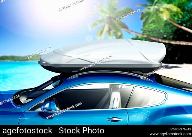 Car with roof rack near seashore. 3D illustration