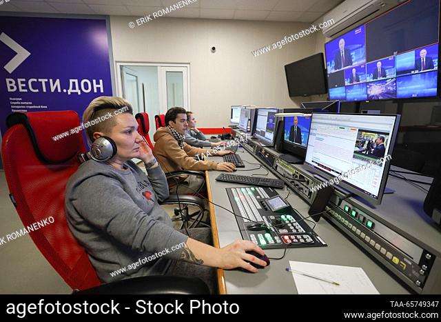 RUSSIA, ROSTOV-ON-DON - DECEMBER 14, 2023: Employees are at work at a control room of the GTRK Don-TR broadcasting company during a broadcast of an annual...