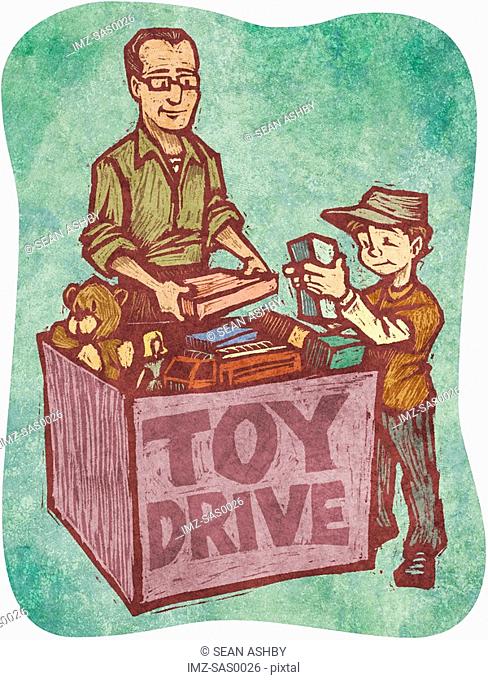 A man and a boy at a toy drive