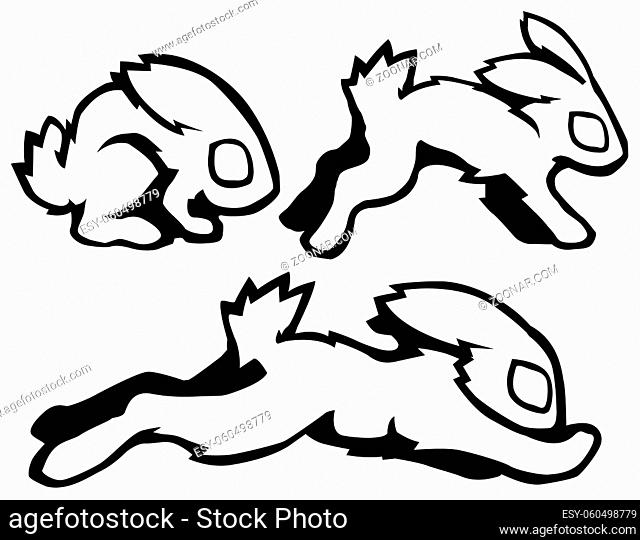 Rabbit sit, run and jump movement cartoon stencil black, vector illustration, horizontal, isolated