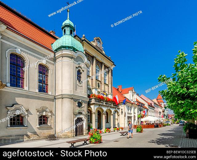 PSZCZYNA, SILESIAN PROVINCE, POLAND: ger.: Pless, Lutheran church, the city hall; Marketplace square