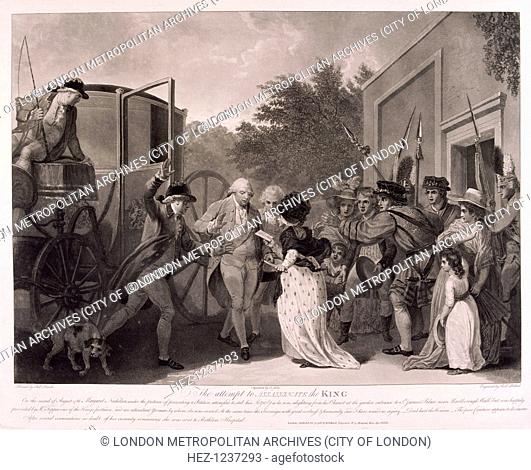 Scene depicting the attempt made by Margaret Nicholson to assassinate King George III at the entrance to St James's Palace, London, on August 2