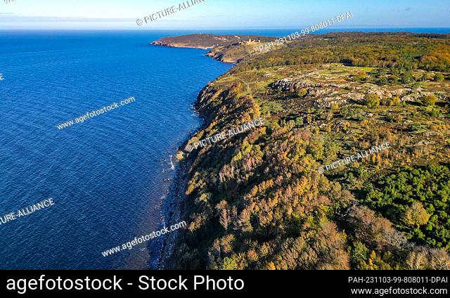 23 October 2023, Denmark, Vang: View of the ruins of the medieval fortress Hammershus on the northwestern tip of the Danish island in the Baltic Sea (aerial...