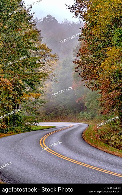 early morning foggy autumn roads on blue ridge parkway near asheville nc