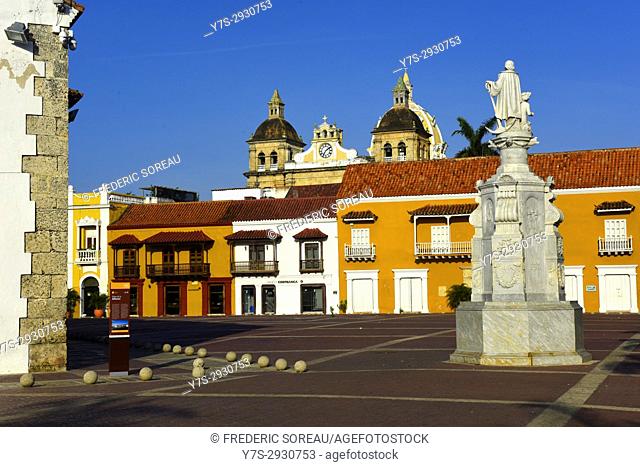 Colorful buildings on the Plaza de Aduana (Custom Square) in Cartagena, Colombia, South America