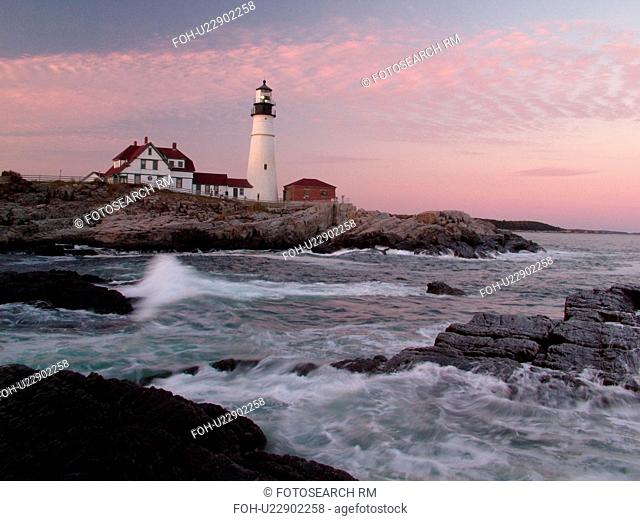Cape Elizabeth, ME, Maine, Portland Head Light Lighthouse, Fort Williams Park, sunset