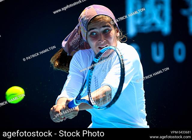Iranian Meshkatolzahra Safi pictured in action during a second round game in the girls singles between Belgian Costoulas and Italian Safi at the 'Australian...
