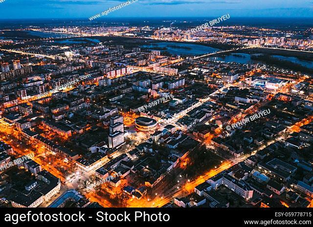 Brest, Belarus. Aerial Bird's-eye View Of Brest Cityscape Skyline. Night Bird's-eye View Of Belarus Cinema And Pedestrian Sovietskaya Street