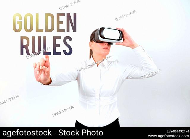 Text showing inspiration Golden Rules, Word Written on Basic principle that should be followed Important Principle Woman Wearing Vr Glasses And Pointing On...