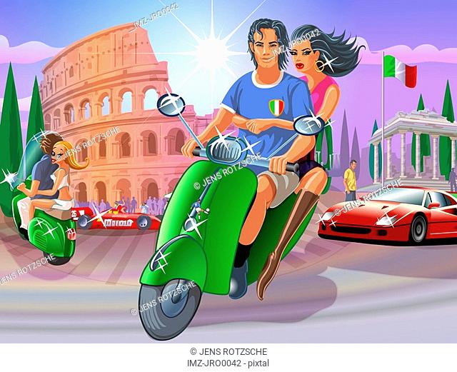 Couples riding mopeds amid the fancy sport cars in italy