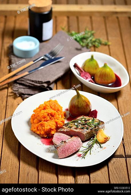 Noisette of lamb with red-wine figs and mashed sweet potatoes