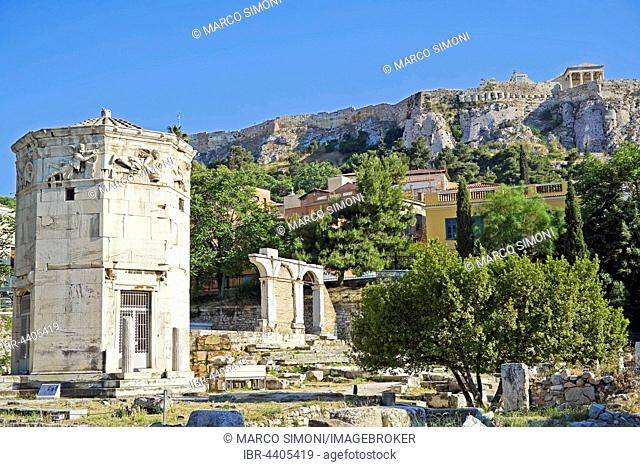 Roman Agora with tower of the winds, Acropolis in the background, Athens, Greece