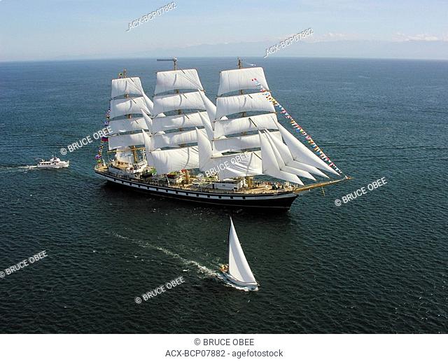 The Russian Dar Mlodziezy-class Pallada Tall ship sails into Victoria, British Columbia, Canada
