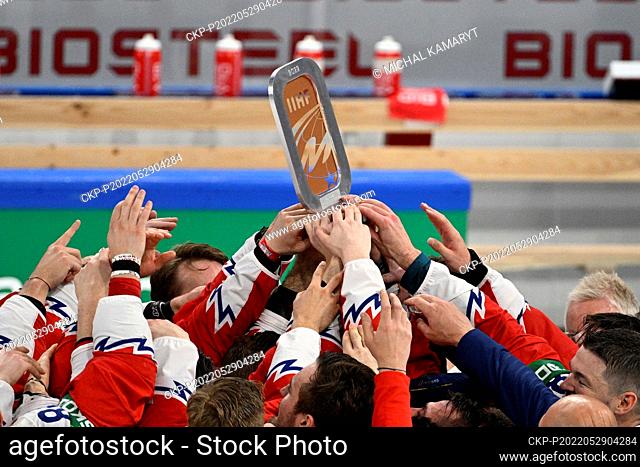 Czech national hockey team celebrate a victory after the 2022 IIHF Ice Hockey World Championship bronze medal match between Czech Republic and USA, Tampere