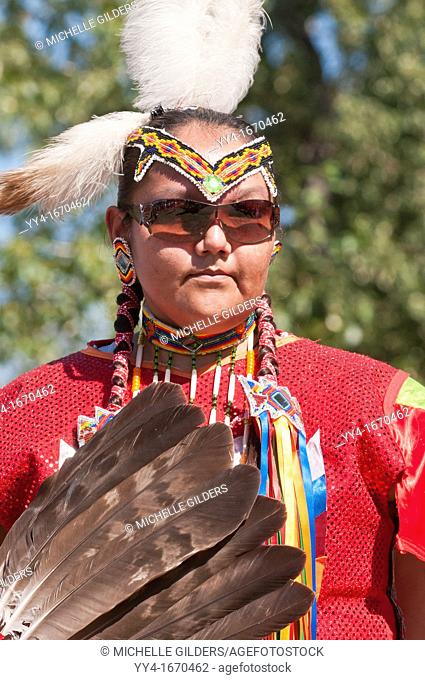 Woman in traditional regalia, Stony Nakoda First Nations, Bar U Ranch, Alberta, Canada
