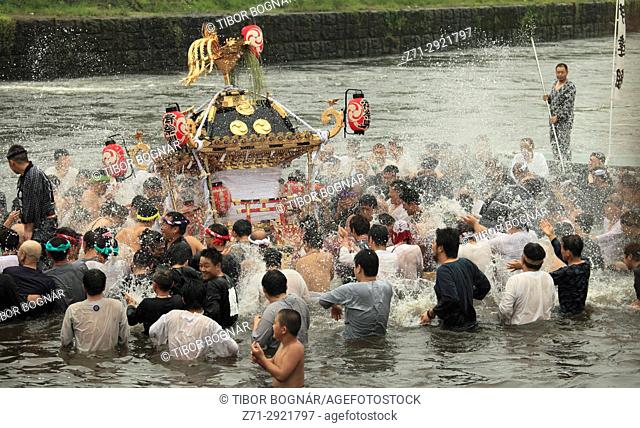 Japan, Shimodate, Gion Matsuri, festival, people, river, portable shrine,