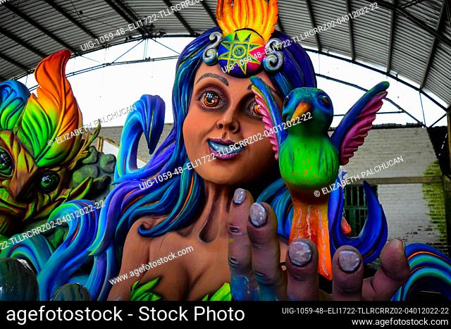 Artisan Holman Cabrera crafts a float that invites people to the Carnival of Blacks and Whites after the COVID-19 Pandemic with popular and famous characters...