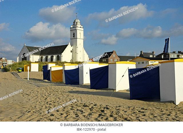 Beach chairs with wind protection, church, Katwijk aan Zee, South Holland, Holland, The Netherlands