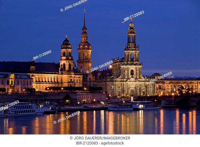 The skyline of Dresden as seen across the river Elbe with the Hausmannsturm tower at the left and the Hofkirche church at the right