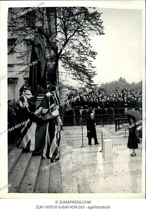 Oct. 10, 1955 - Queen unveils statue to her father - King George VI. Ceremony in Carlton Gardens.: H.M. The Queen this morning performed the ceremony of...