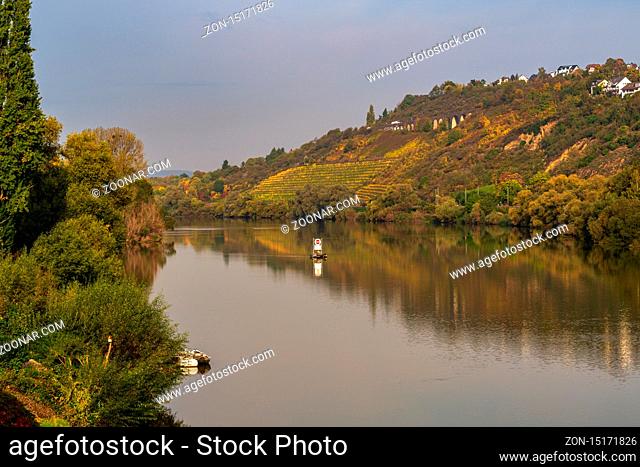 Niederwerth, Rhineland-Palatine, Germany - October 15, 2019: View over the River Rhine towards Vallendar