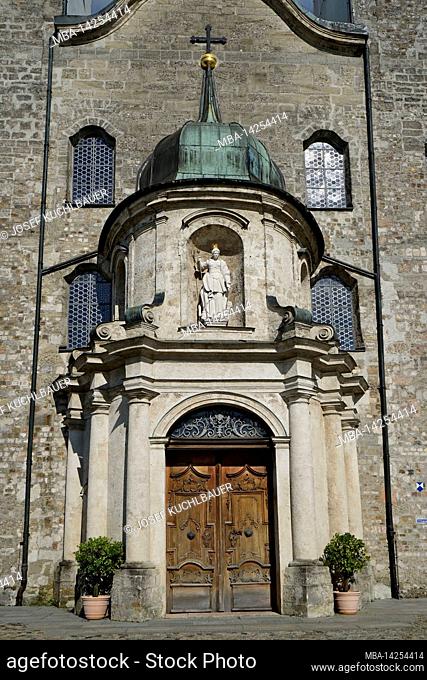Germany, Bavaria, Upper Bavaria, Chiemgau, Altenmarkt an der Alz, Baumburg Monastery, St. Margaret's Monastery Church, Entrance Portal, Figure of St