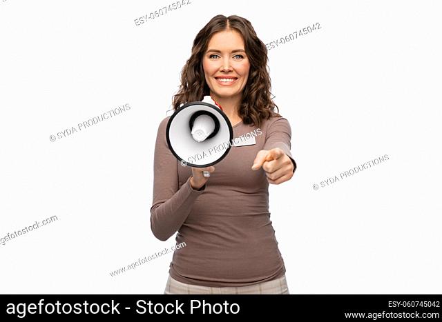 happy female shop assistant with megaphone
