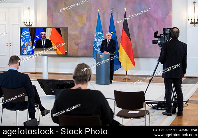 22 February 2021, Berlin: German President Frank-Walter Steinmeier and Tedros Adhanom Ghebreyesus, Director-General of the World Health Organization (WHO)