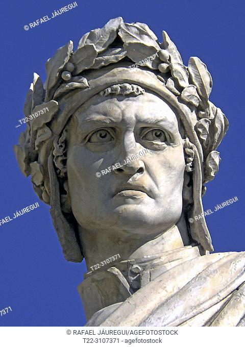 Florence (Italy). Detail of the sculpture of Dante next to the church Santa Croce in Florence