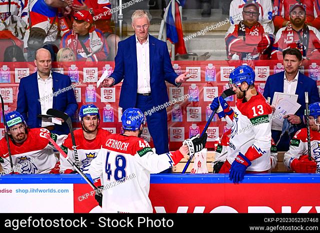 Coaches of Czech Republic Fredrik Norrena, video-coach, head coach Kari Jalonen and his assistant Martin Erat during the IIHF Ice Hockey World Championship