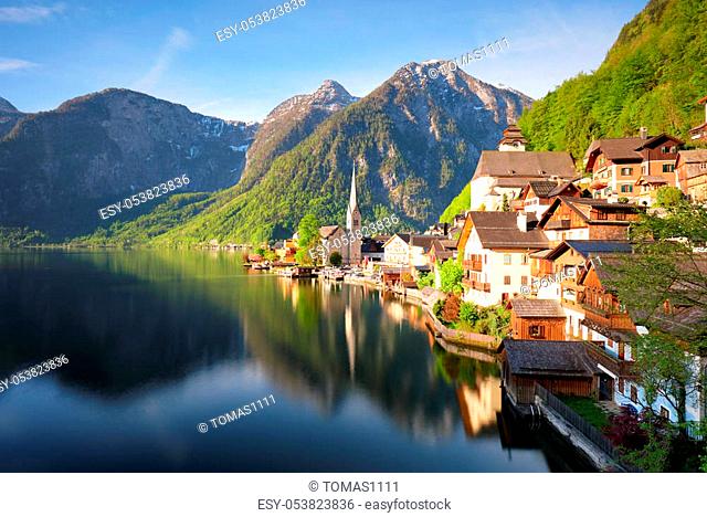 Mountain landscape in Austria Alp with lake, Hallstatt