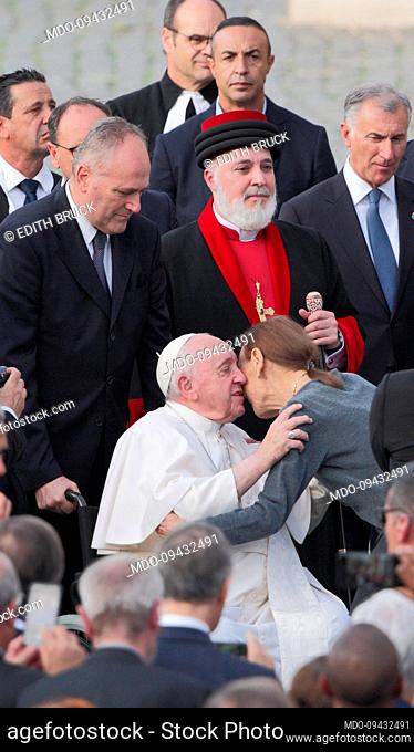 Pope Francis greets the writer Edith Bruck, a Holocaust survivor, during the international meeting of prayer for peace, organized by the Community of...