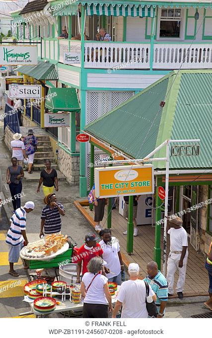 West Indies, Caribbean, Antigua, St Johns, Heritage Quay, Hemingway's Cafe & Street Vendors