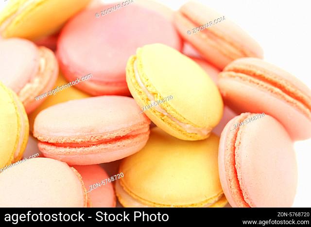 Background of several various macaron cakes. Close up