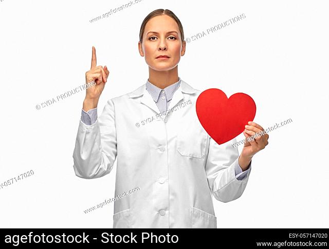 female doctor with heart pointing finger up