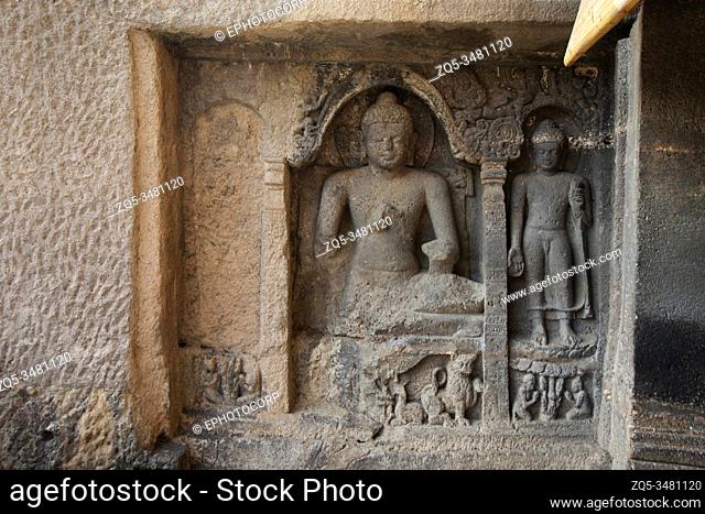 Ajanta Caves, Aurangabad, Maharashtra, India Cave No. 17. Outside of the verandah. Buddha seated on a lion throne in padmasana