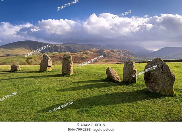 Magalithic standing stones forming part of Castlerigg Stone Circle in the Lake District National Park, Cumbria, England, United Kingdom, Europe