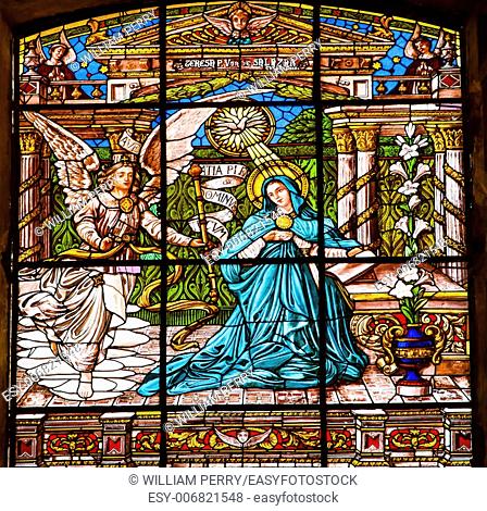 Annuciation Angel Gabriel Tells Mary She Will Give Birth to Jesus Stained Glass Old Basilica Guadalupe Mexico City Mexico