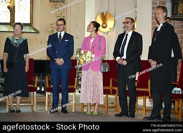 Crown Princess Victoria and Prince Daniel with Johan Sterte, County Governor of Vastmanland, and Bishop Mikael Mogren at Rudbeckianska gymnasiet for the...