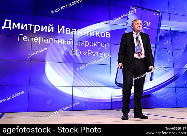 RUSSIA, MOSCOW - DECEMBER 18, 2023: Ruteq CEO Dmitry Ivannikov speaks during the official presentation of the Russian smartphone R-Phone and the Rosa Mobile...