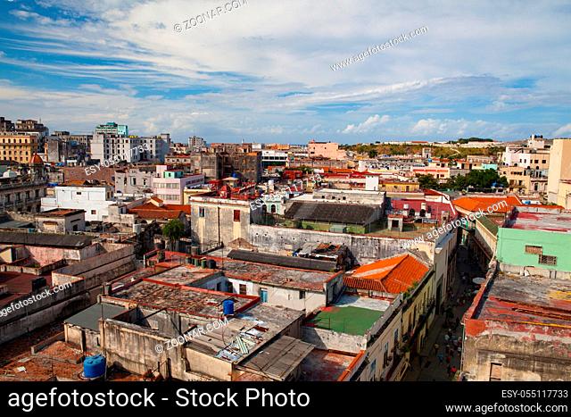 Top view of the roofs and buildings of Old Havana, Cuba