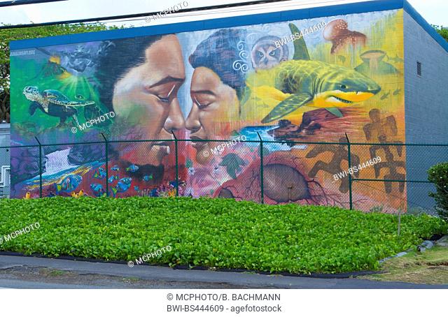 Oahu artwork of Hawaiian mural in small town of Waimanalo on south Oahu, USA, Hawaii