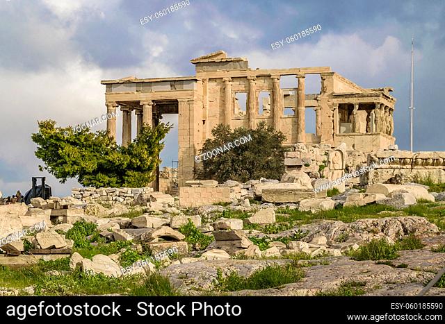 Famous erechtheum temple at acropolis site, Athens, Greece