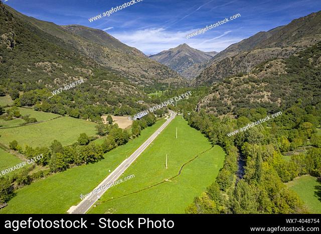 Aerial view of some green fields of the Cardós valley near the village of Ainet de Cardós (Pallars SobirÃ , Lleida, Catalonia, Spain, Pyrenees)