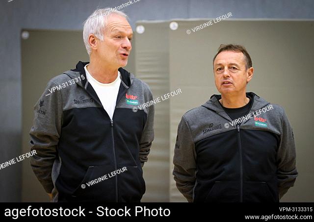 Belgian Cats Assistant Coach Pierre Cornia and Belgian Cats head coach Valery Demory pictured during a training session of Belgian national basket team the...