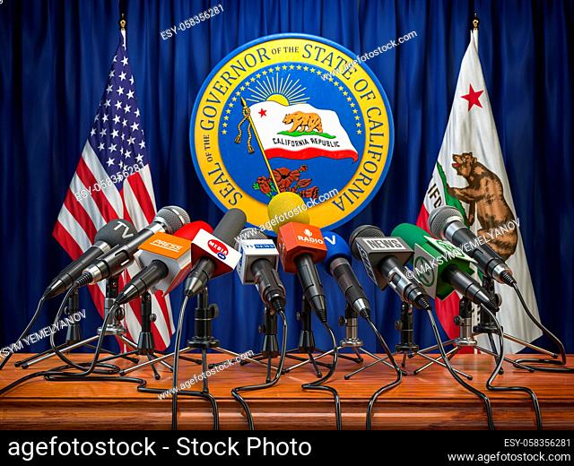 Press conference of governor of the state of California concept. Microphones TV and radio channels with symbol and flag of California state