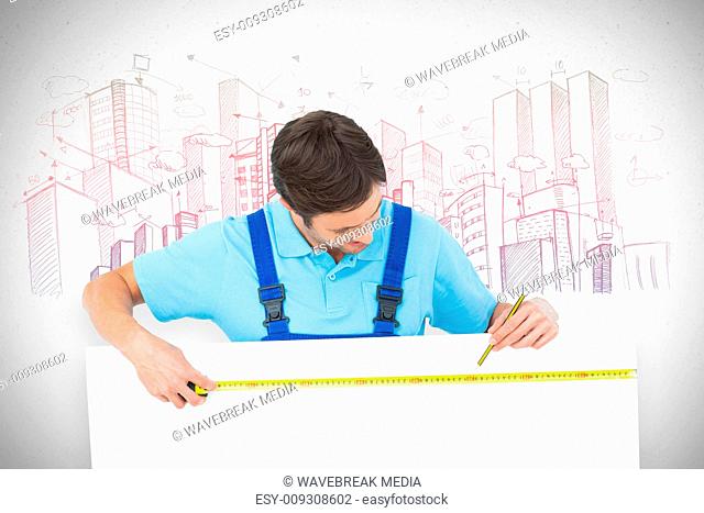 Composite image of carpenter measuring blank bill board