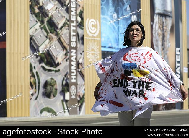 12 November 2022, Egypt, Sharm El-Sheikh: A protester takes part in a protest against fossil fuels and the war in Ukraine during the 2022 United Nations Climate...