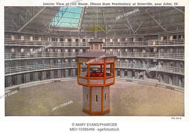 Interior view of the Illinois State Penitentiary at Stateville, near Joliet. The circular cell house and guard tower. Each cell received two hours of sunlight...