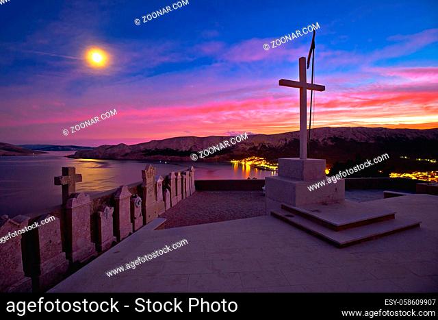 Baska on Krk island. Evening view of bay from graveyard above town of Baska. Island of Krk in Croatia